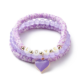 3Pcs 3 Style Natural Dyed Malaysia Jade & Acrylic Word Love Beaded Stretch Bracelets Set with Alloy Enamel Heart Charms, Polymer Clay Heishi Surfer Preppy Bracelets for Women, Inner Diameter: 2-1/8~2-1/4 inch(5.3~5.7cm), 1Pc/style