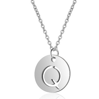 201 Stainless Steel Initial Pendants Necklaces, with Cable Chains, Flat Round with Letter, Stainless Steel Color, Letter.Q, 16.3 inch(40cm), 1mm