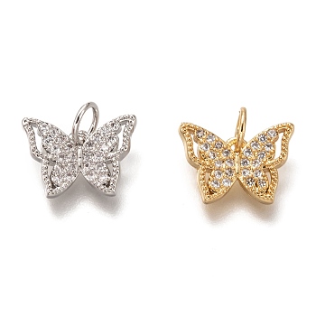 Brass Micro Pave Clear Cubic Zirconia Charms, Cadmium Free & Lead Free, Long-Lasting Plated, Butterfly, Mixed Color, 9x13x2mm, Hole: 3mm