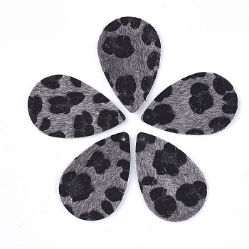 PU Leather Big Pendants, with Faux Horsehair Fur, teardrop, with Leopard Print Pattern, Gray, 57.5x37x2mm, Hole: 1.8mm