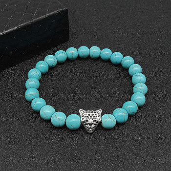 Synthetic Turquoise Stretch Bracelets for Women Men, with Tibetan Style Animals Alloy Beads, Leopard, No Size