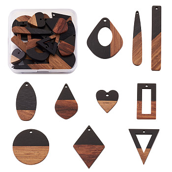 Resin & Walnut Wood Pendants, Mixed Shapes, Black, 27.5x24x3.5mm, Hole: 1.8mm, 20pcs/box