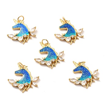 Rack Plating Brass Micro Pave Cubic Zirconia Pendants, Cadmium Free & Lead Free & Nickle Free, with Enamel and Glitter, Real 18K Gold Plated, Unicon, Royal Blue, 22x21x3mm, Jump Ring: 5x0.6mm, Inner Diameter: 3.5mm