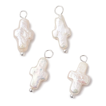 Natural Keshi Pearl Pendants, Cross Charms, with Silver Color Plated Brass Loops, Seashell Color, 19x7.5x3.5mm, Hole: 2.5mm