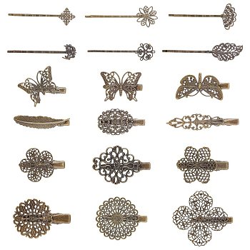 AHADERMAKER 18Pcs 18 Style Iron Flat Alligator Hair Clip Findings, with Brass Tray, Butterfly & Leaf & Flower & Square, Antique Bronze, 17~63x12~62x5~11mm, 1pc/style