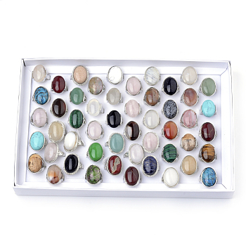 Natural & Synthetic Mixed Stone Rings, with Alloy Findings, Platinum, Mixed Color, 18~20mm, about 50pcs/box