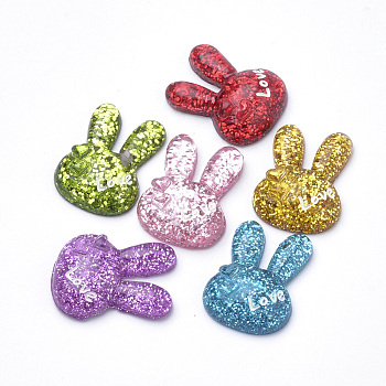 Bunny Resin Cabochons, with Glitter Powder, Rabbit Head with Heart & Word Love, Mixed Color, 21.5x16.5x6mm