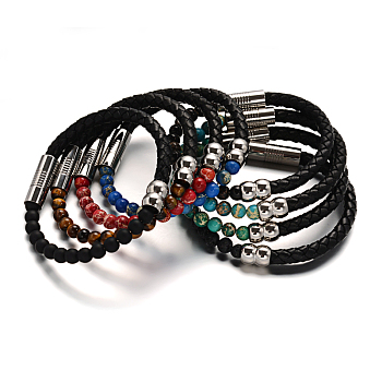 Leather Cord Bracelets, with Gemstone Beads & 304 Stainless Steel Magnetic Clasps, Natural & Synthetic Mixed Stone, 51x63mm