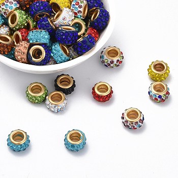 Polymer Clay Rhinestone European Beads, with Golden Tone Brass Double Cores, Large Hole Beads, Rondelle, Mixed Color, 11x7mm, Hole: 4.5mm