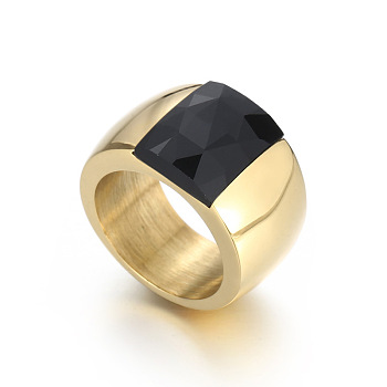 304 Stainless Steel & Glass Finger Rings, Square, Golden, Black, US Size 6(16.5mm)