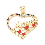 Mother's Day Charms Brass Micro Pave Colorful Cubic Zirconia Pendants, Heart with Word Mama Charms, Golden, 23.5x25.5x2mm, Hole: 3.5x2mm(KK-B185-01G-05)