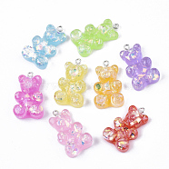 Transparent Resin Pendants, with Shell Chip & Iron Loop, Hologram Style, Platinum, Bear, Mixed Color, 32x19x8~9mm, Hole: 2mm(X-CRES-N022-103)