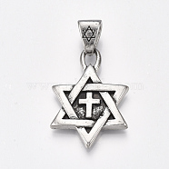Tibetan Style Alloy Pendants, for Jewish, Star of David with Cross, Antique Silver, 42.5x29.5x4.5mm, Hole: 10.5x6.5mm(PALLOY-S178-28)