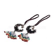 Natural Black Agate Moon with Mixed Gemstone Chips Tassel Pendant Decorations, with Rack Plating Red Copper Plated Brass Findings, Cadmium Free & Lead Free, 205~208mm(G-L524-07R-A01)