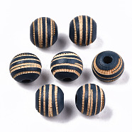 Painted Natural Wood Beads, Laser Engraved Pattern, Round with Zebra-Stripe, Marine Blue, 10x8.5mm, Hole: 2.5mm(X-WOOD-T021-54A-03)