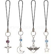 Glass Beads Mobile Straps, Alloy Charm and Nylon Cord Mobile Accessories Decoration, Key & Star & Moon & Heart Lock, Antique Silver, 9.5~10cm, 4pcs/set(HJEW-PH01876)