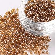 (Repacking Service Available) Glass Seed Beads, Trans. Colours Lustered, Round, Dark Gooldenrod, 12/0, 2mm, Hole: 1mm, about 12G/bag(SEED-C015-2mm-102C)