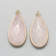 Natural Rose Quartz Pendants, with Golden Tone Brass Findings, Faceted, Teardrop, Pink, 32.5~33x16x6mm, Hole: 2.5mm(X-G-S221-14G)