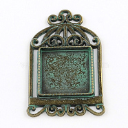 Birdcage with Square Zinc Alloy Pendant Cabochon Settings, Cadmium Free & Nickel Free & Lead Free, Antique Bronze & Green Patina, 48x29x2.5mm, Tray: 20x20mm(X-PALLOY-R065-095-FF)