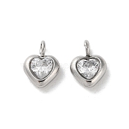 304 Stainless Steel Micro Pave Cubic Zirconia Pendants, Heart Charms, Clear, 7x5x2.5mm, Hole: 1.5mm(STAS-L022-396B-P)