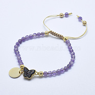 Natural Amethyst Braided Bead Bracelets, with Electroplated Natural Lava Rock Beads, Druzy Crystal, Nylon Cord and Brass Findings, Flat Round & Butterfly, 2-1/8 inch(5.3cm)~3-1/8 inch(8cm)(BJEW-I258-H01)