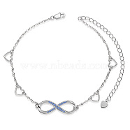 SHEGRACE Rhodium Plated 925 Sterling Silver Link Anklets, with Blue Corundum, Heart and Infinity, Cornflower Blue, Platinum, 8-1/4 inch(21cm)(JA132A)