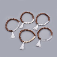 Natural Mixed Stone Beads Bracelets, with Wood Beads and Cotton Thread Tassels Pendant, 2-1/8 inch(5.4cm), 5pc/set(BJEW-JB03963)
