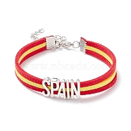 Spain Word Link Cord Bracelet, Country Flag Wide Leather Bracelet for Men Women, Silver, Red, 7-1/8 inch(18cm)(BJEW-C008-02)