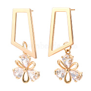 Brass Micro Pave Cubic Zirconia Trapezoid Stud Earrings, Flower Dangle Earring for Women, Long-Lasting Plated, Golden, 38x15mm(EJEW-H103-25G)