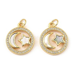 Brass Cubic Zirconia with Shell Pendants, Long-Lasting Plated, Lead Free & Cadmium Free, Flat Round, Real 18K Gold Plated, 18.5x15.5x3mm(KK-K342-16G)