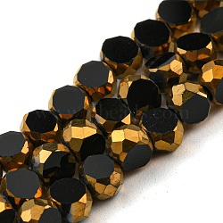 Electroplate Glass Beads Strands, with Golden Plated Edge, Faceted Flat Round, Black, 4x2.5mm, Hole: 1mm, about 70pcs/strand, 20.87 inch(53cm)(EGLA-G037-02A-HP05)