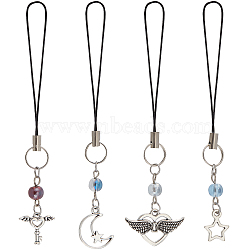 Glass Beads Mobile Straps, Alloy Charm and Nylon Cord Mobile Accessories Decoration, Key & Star & Moon & Heart Lock, Antique Silver, 9.5~10cm, 4pcs/set(HJEW-PH01876)