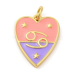 Brass Enamel Pendants, with Jump Ring, Real 14K Gold Plated, Heart with Twelve Constellations Charm, Cancer, 19x14.5x2mm, Hole: 3mm(KK-Z077-01G-07)