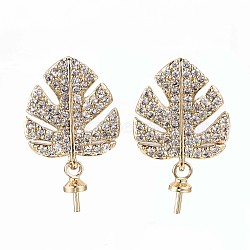 Brass Micro Pave Clear Cubic Zirconia Stud Earring Findings, For Half Drilled Bead, Leaf, Real 18K Gold Plated, 18x11mm, Pin: 0.8mm, pin: 0.6mm(for Half Drilled Bead).(KK-Q764-033)