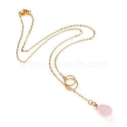 teardrop, Natural Rose Quartz Pendants Necklaces, with Brass Linking Rings & Cable Chains, 304 Stainless Steel Lobster Claw Clasps, 17.52~17.72 inch(44.5~45cm), 2mm(X-NJEW-JN02918-04)