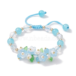 Flower Glass & Acrylic Braided Bead Adjustable Bracelets for Women, Sky Blue, Inner Diameter: 2~3 inch(5~7.5cm)(BJEW-JB10446-01)