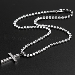 Stainless Steel Full Rhinestone Cross Pendant 4mm Tennis Chain Necklaces, Stainless Steel Color, 17.72 inch(45cm)(KD8251-1)