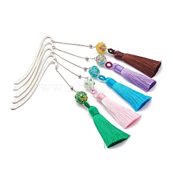 Metal Bookmark Gift with Polyester Tassel Big Pendant Decorations, Handmade Bumpy Lampwork & Brass Beads, for Book Lovers, Writers, Readers, Mixed Color, 137mm(AJEW-JK00167)