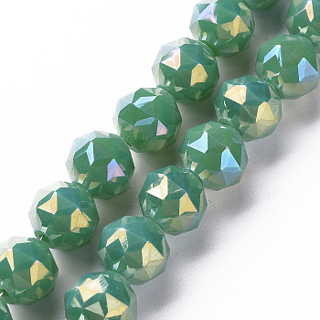 Electroplate Glass Beads Strands, AB Color Plated, Faceted Round, Green, 10x9.5mm, Hole: 1.2mm, about 60pcs/strand, 21.65 inch~22.05 inch(55cm~56cm)