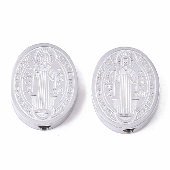 304 Stainless Steel Beads, for Religion, Oval with Saint Benedict Medal, Stainless Steel Color, 15.5x12x3mm, Hole: 2mm