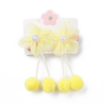Flower Cloth Metallic Alligator Hair Clips, with Acrylic Beads, Flower, Children's Day Jewelry, Yellow, 105x50x15~16mm, 2pcs/card