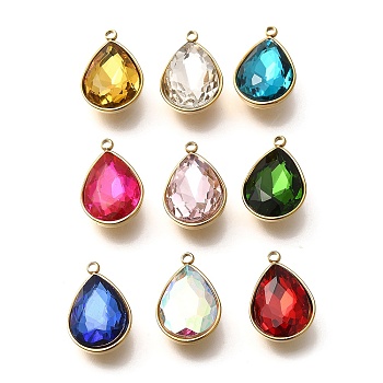 Glass Pendants, Teeardrop Charms, with 304 Stainless Steel Findings, Ion Plating(IP), Faceted, Real 18K Gold Plated, Mixed Color, 17.5x11.5x5.8mm, Hole: 1.5mm