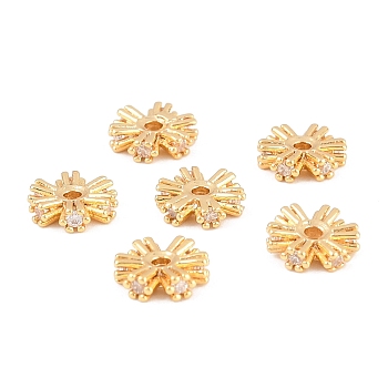 Brass Micro Pave Cubic Zirconia Beads, Flower, Real 18K Gold Plated, 6x2mm, Hole: 1.2mm