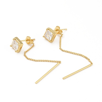 Clear Cubic Zirconia Rhombus with Tassel Front Back Stud Earrings, Brass Long Drop Earrings for Women, Cadmium Free & Lead Free, Real 18K Gold Plated, 59mm, Pin: 0.6mm