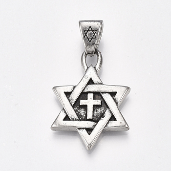 Tibetan Style Alloy Pendants, for Jewish, Star of David with Cross, Antique Silver, 42.5x29.5x4.5mm, Hole: 10.5x6.5mm