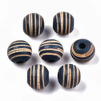 Painted Natural Wood Beads, Laser Engraved Pattern, Round with Zebra-Stripe, Marine Blue, 10x8.5mm, Hole: 2.5mm