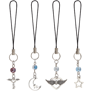 Glass Beads Mobile Straps, Alloy Charm and Nylon Cord Mobile Accessories Decoration, Key & Star & Moon & Heart Lock, Antique Silver, 9.5~10cm, 4pcs/set