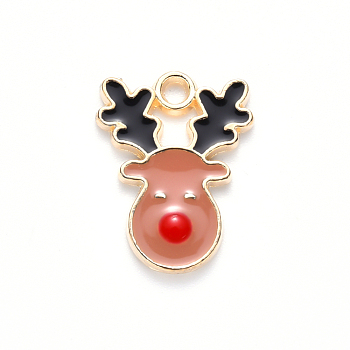 Alloy Enamel Pendants, for Christmas, Christmas Reindeer/Stag, Light Gold, Dark Salmon, 17x13x2mm, Hole: 1.6mm