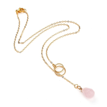 teardrop, Natural Rose Quartz Pendants Necklaces, with Brass Linking Rings & Cable Chains, 304 Stainless Steel Lobster Claw Clasps, 17.52~17.72 inch(44.5~45cm), 2mm