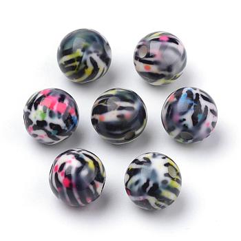Opaque Printed Acrylic Beads, Round with  Zebra Pattern, Black, 11.5~12x11mm, Hole: 2.5mm